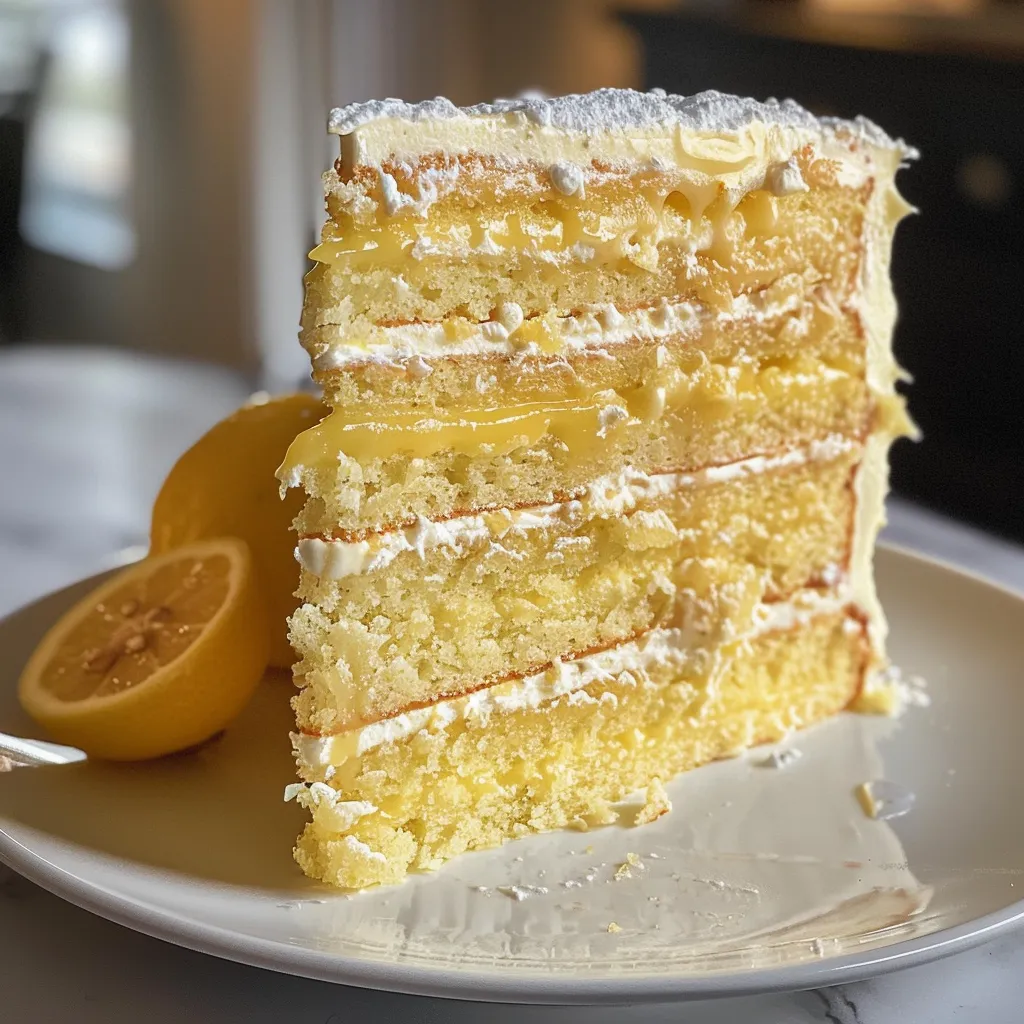 Juicy Lemon Layer Cake showcasing creamy curd and buttercream layers.
