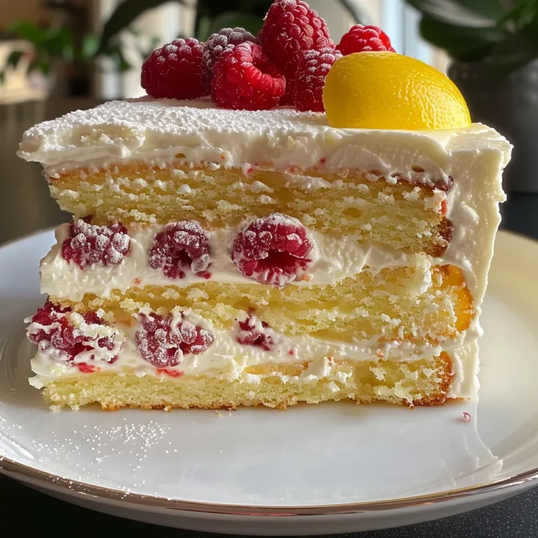 A close-up side view of a lemon raspberries and cream cake with creamy layers and fresh raspberries on top.