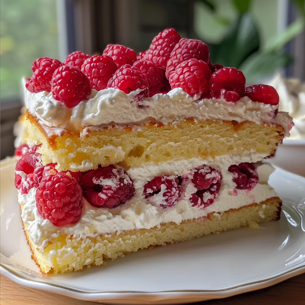 A beautifully layered lemon raspberries and cream cake, showcasing vibrant raspberries and a creamy texture.