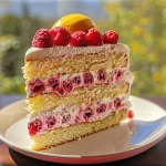 A close-up view of a Lemon Raspberry Cake with layers of lemon and raspberry filling.