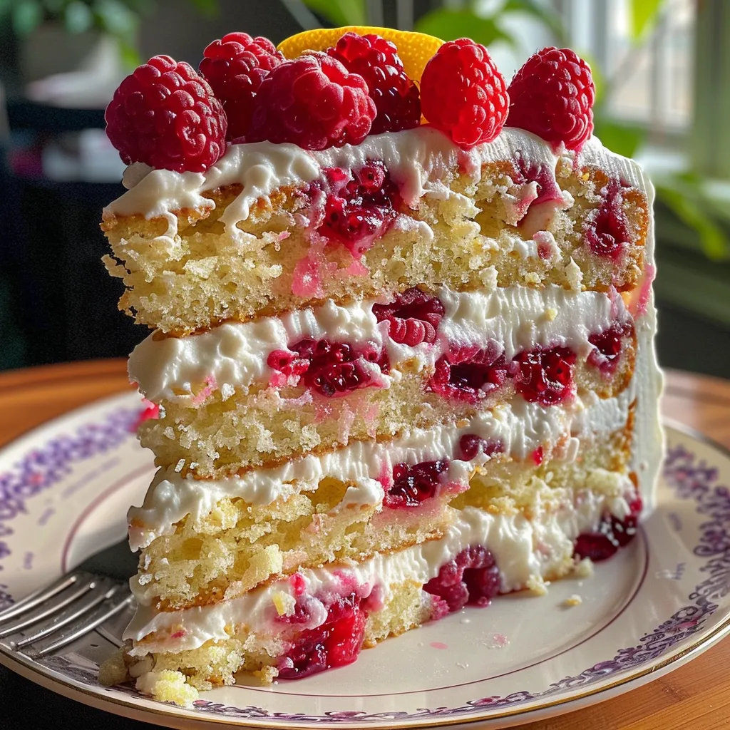 Side view of a moist Lemon Raspberry Cake topped with raspberries and cream.