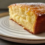 Close-up side view of a moist Lemon Vanilla Cake topped with a shiny lemon glaze.
