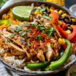 Close-up view of a Loaded Chicken Fajita Rice Bowl with vibrant vegetables and toppings.