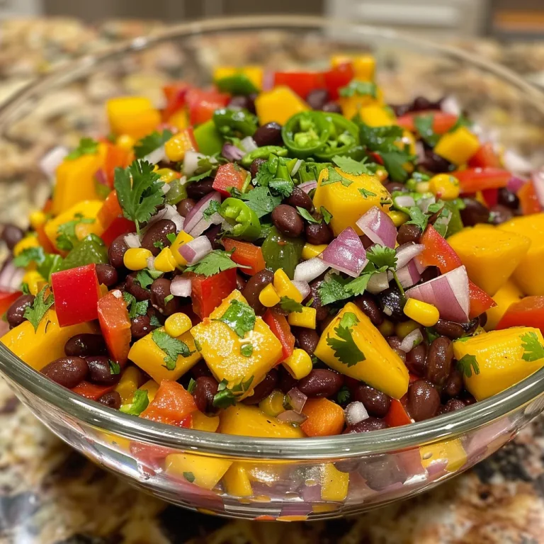 A vibrant salad featuring chopped mangoes, black beans, red bell pepper, and corn, garnished with cilantro.