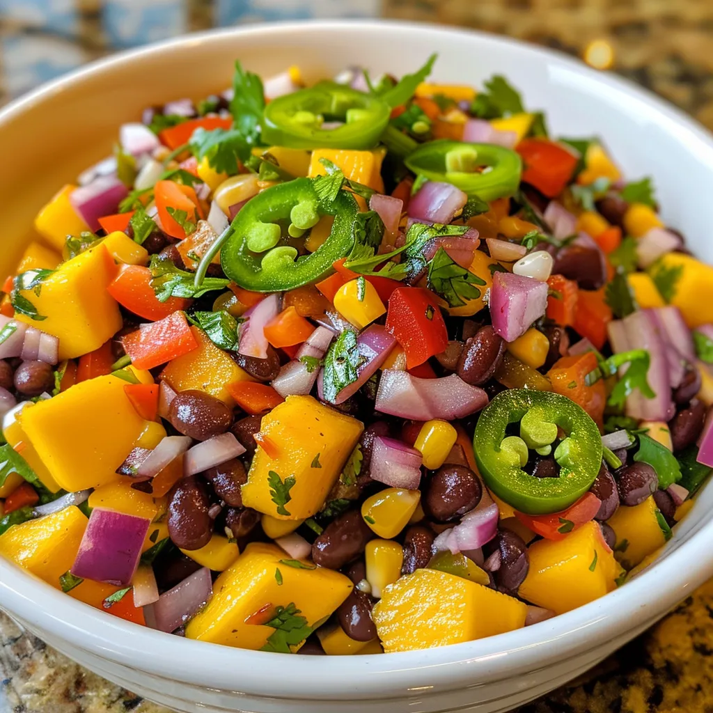 Close-up view of a colorful mango black bean salad, showcasing juicy mango chunks and diced vegetables.