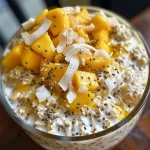 A close-up view of Mango Coconut Overnight Oats in a bowl, showcasing vibrant colors.