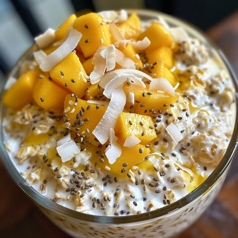 A close-up view of Mango Coconut Overnight Oats in a bowl, showcasing vibrant colors.