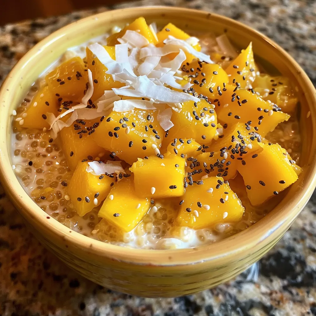 A side view of creamy Mango Coconut Overnight Oats topped with fresh mango cubes and shredded coconut.