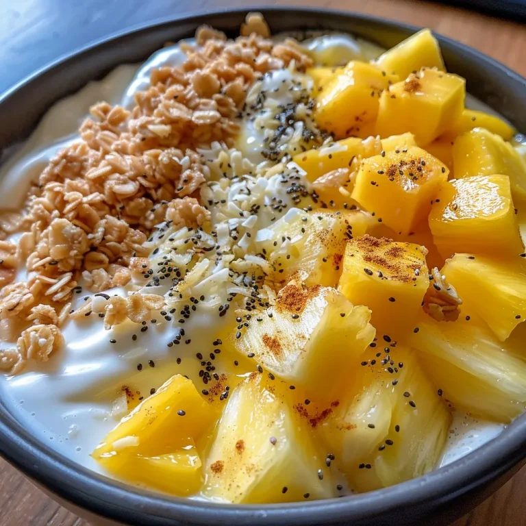 Brighten Your Day with a Refreshing Mango-Pineapple Yogurt Bowl A close-up view of a mango-pineapple yogurt bowl topped with coconut flakes and bran cereal.