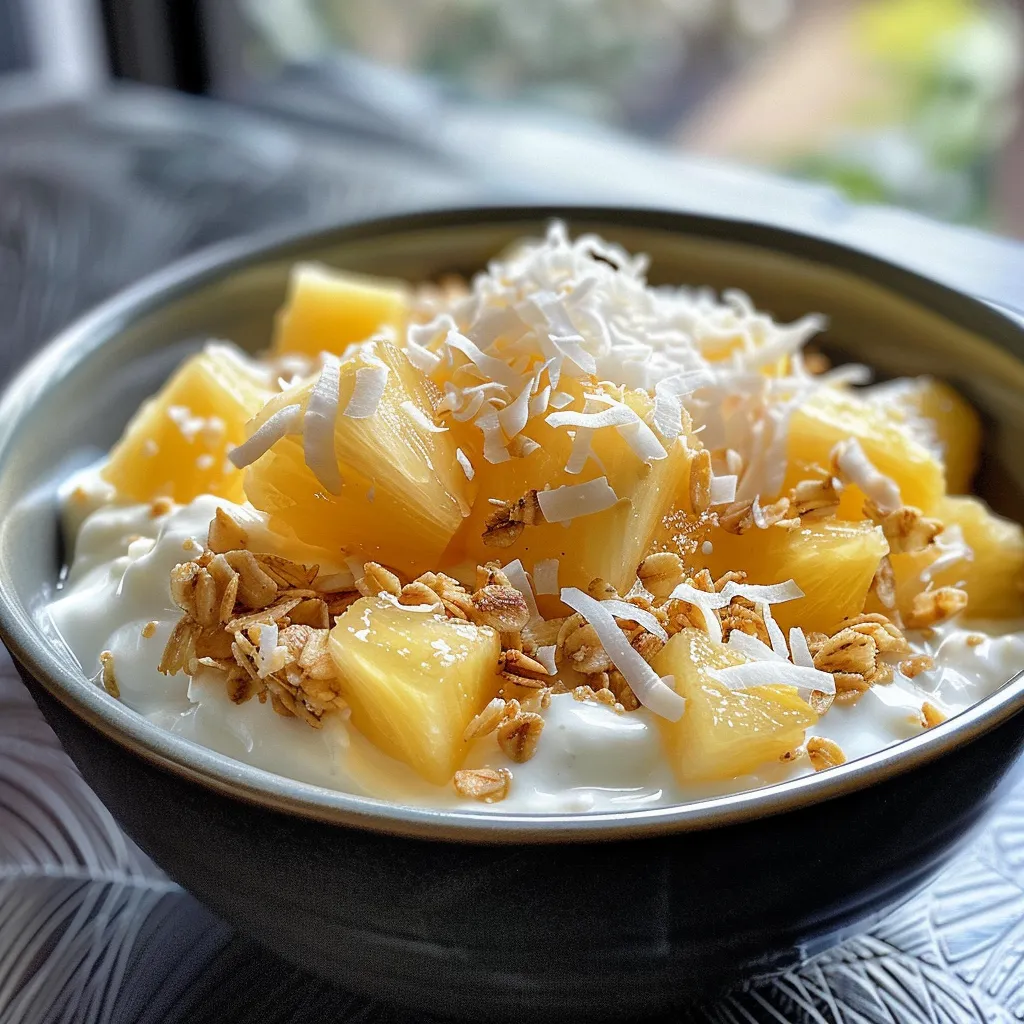 A vibrant mango and pineapple yogurt bowl, featuring fresh fruit and coconut flakes on top.