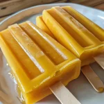 Close-up of a vibrant mango popsicle, showing its juicy texture and rich color.