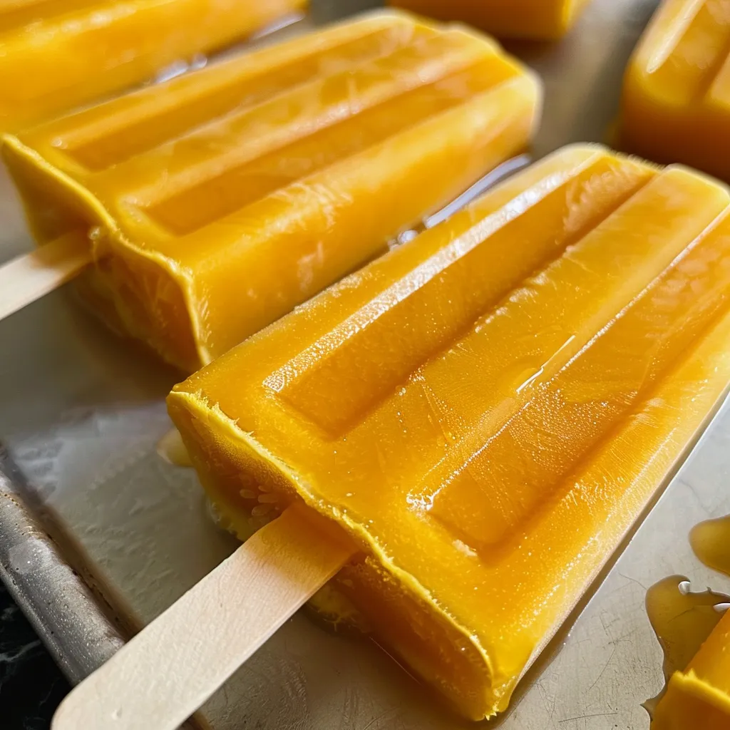 Side view of a frozen mango popsicle with a smooth, creamy appearance.