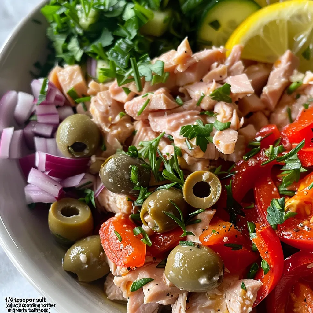 Side view of Mediterranean Tuna Salad showcasing fresh vegetables and tuna.
