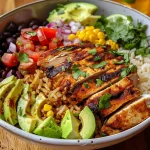 A vibrant Mexican Chicken and Rice Bowl garnished with avocado and cilantro, featuring colorful ingredients.