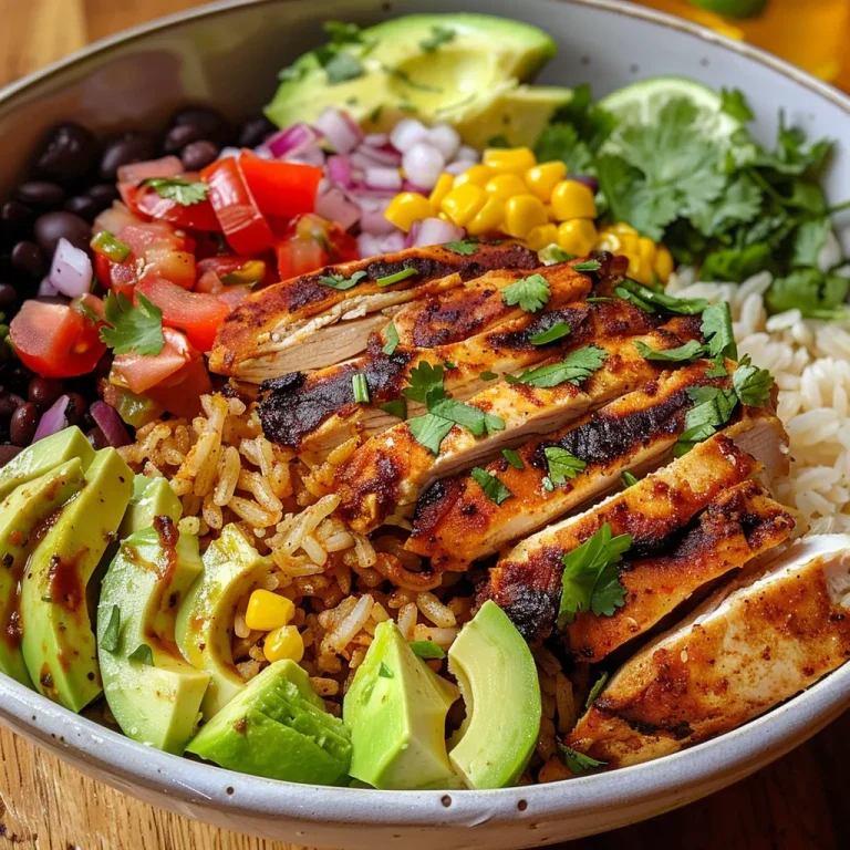 A vibrant Mexican Chicken and Rice Bowl garnished with avocado and cilantro, featuring colorful ingredients.