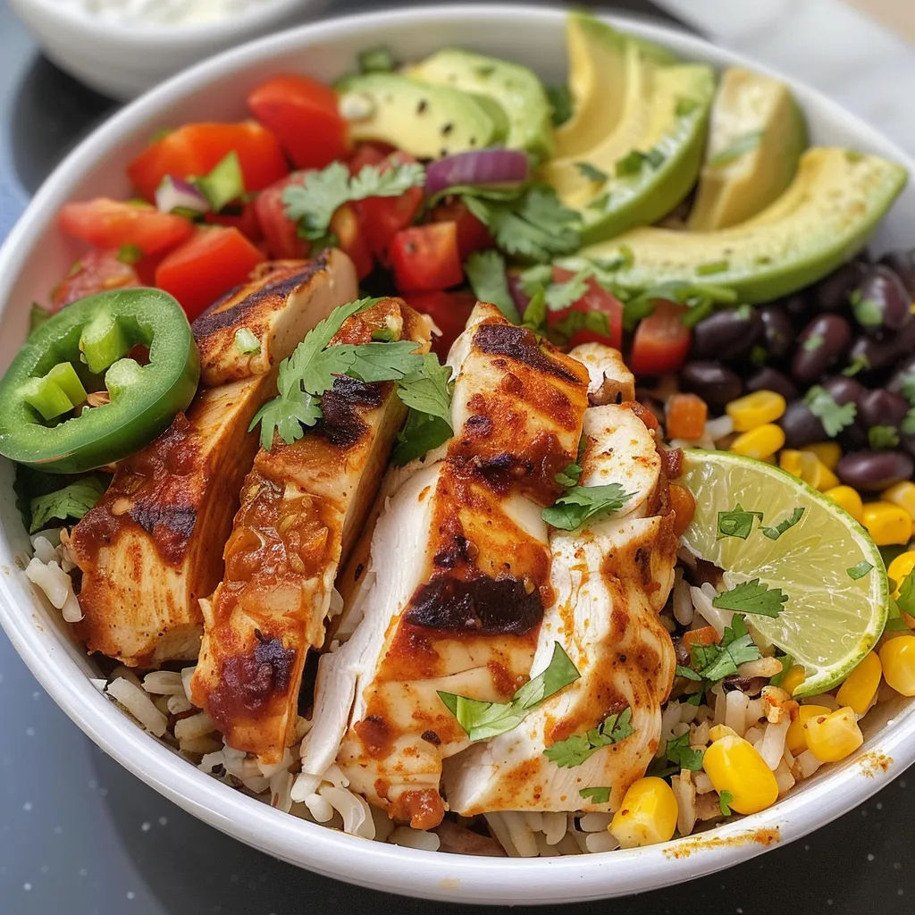 A close-up of a Mexican Chicken and Rice Bowl filled with chicken, rice, black beans, and fresh toppings.