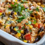 Close-up view of a Mexican Chicken Casserole with rice topped with melted cheese and cilantro.