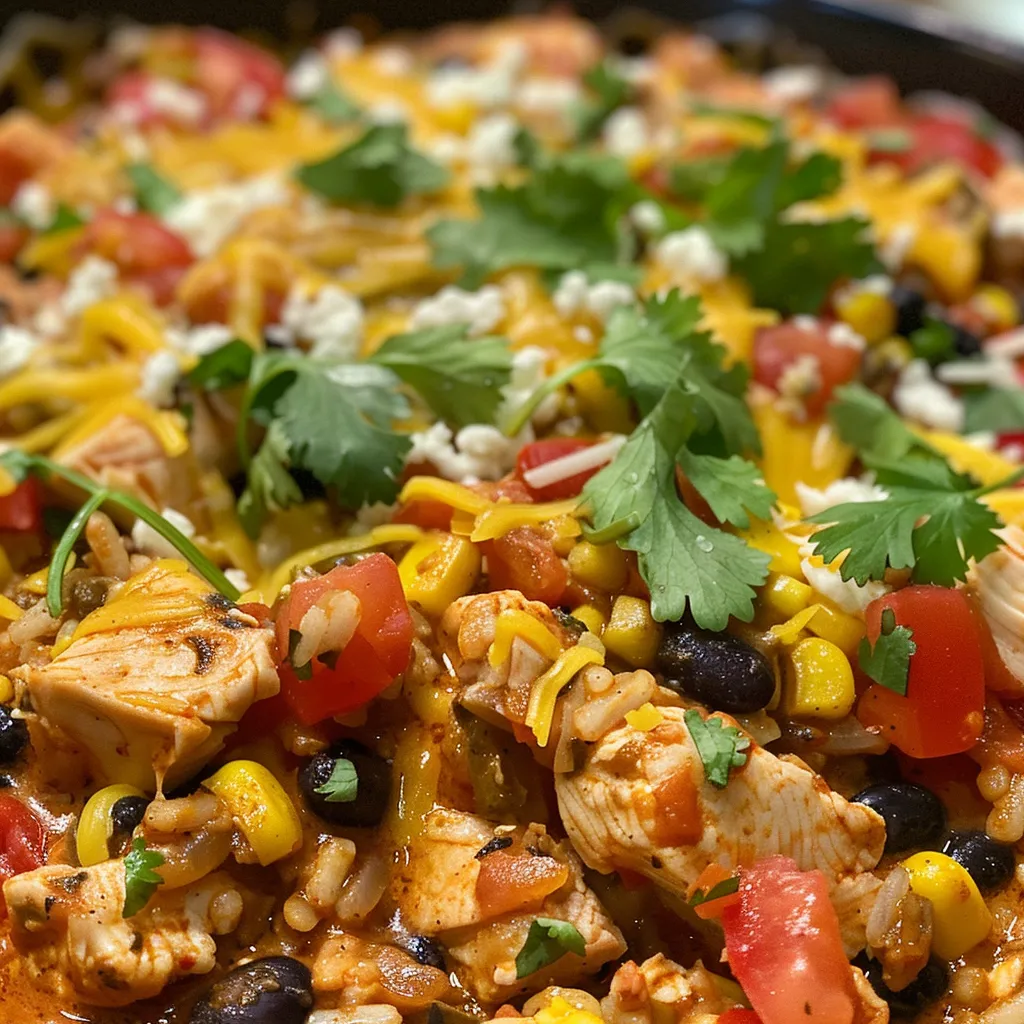 A colorful serving of Mexican Chicken Casserole featuring diced chicken, beans, corn, and tomatoes.