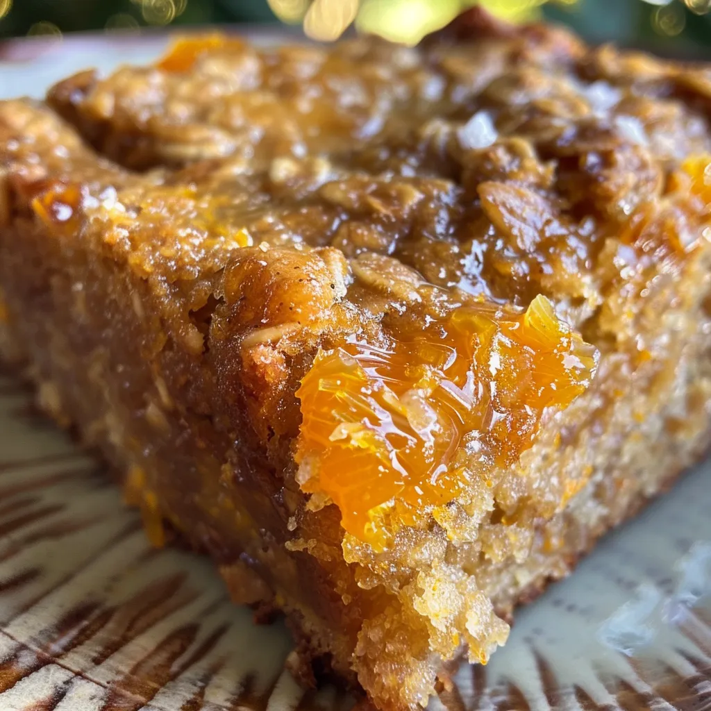 Side view of Mini Orange Oatmeal Cake showcasing its delicious orange glaze and hearty oats.