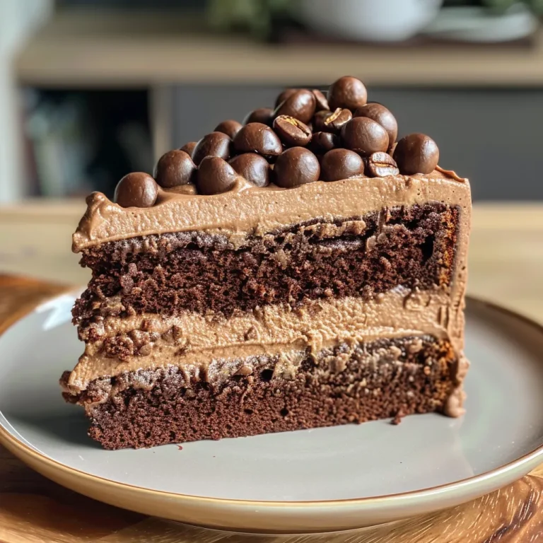 Indulge in Sweet Simplicity The Ultimate Mocha Cake Recipe Close-up side view of a moist Mocha Cake with rich chocolate frosting and espresso bean garnish.