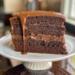 Side view of a moist chocolate caramel cake with layers of caramel drizzle.