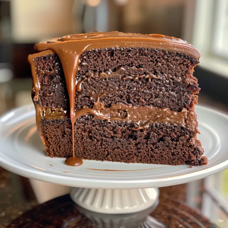 Side view of a moist chocolate caramel cake with layers of caramel drizzle.