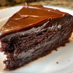 A close-up side view of a moist chocolate fudge cake, showcasing its rich texture.