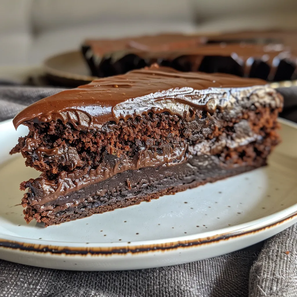 A tantalizing side profile of a chocolate fudge cake, revealing its layered chocolate frosting.