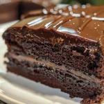 Side view of a moist chocolate orange cake with orange slices on top.