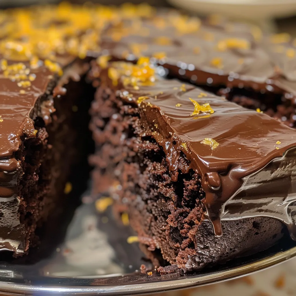 Close-up of a chocolate orange layer cake, showcasing its rich texture and orange zest.