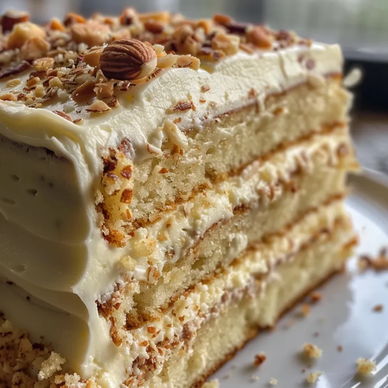 Close-up side view of a moist vanilla almond cake, showcasing its fluffy texture and almond flakes.