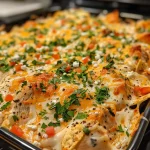 Close-up view of a baked Nacho Cheese Chicken Casserole with melted cheese on top.