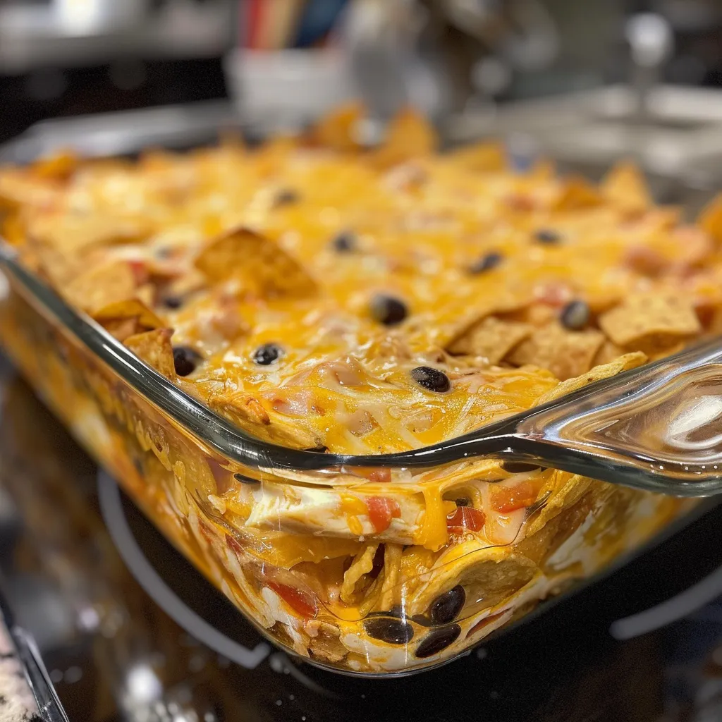 Side view of a delicious Nacho Cheese Chicken Casserole, featuring layers of chicken and cheese.