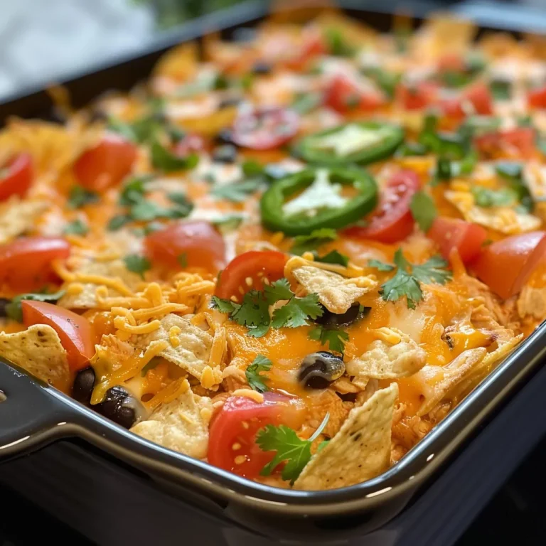 Crispy, Cheesy, and Oh-So-Easy Your New Favorite Nacho Chicken Casserole Close-up view of a juicy Nacho Chicken Casserole topped with cheese and garnished with jalapenos and cilantro.