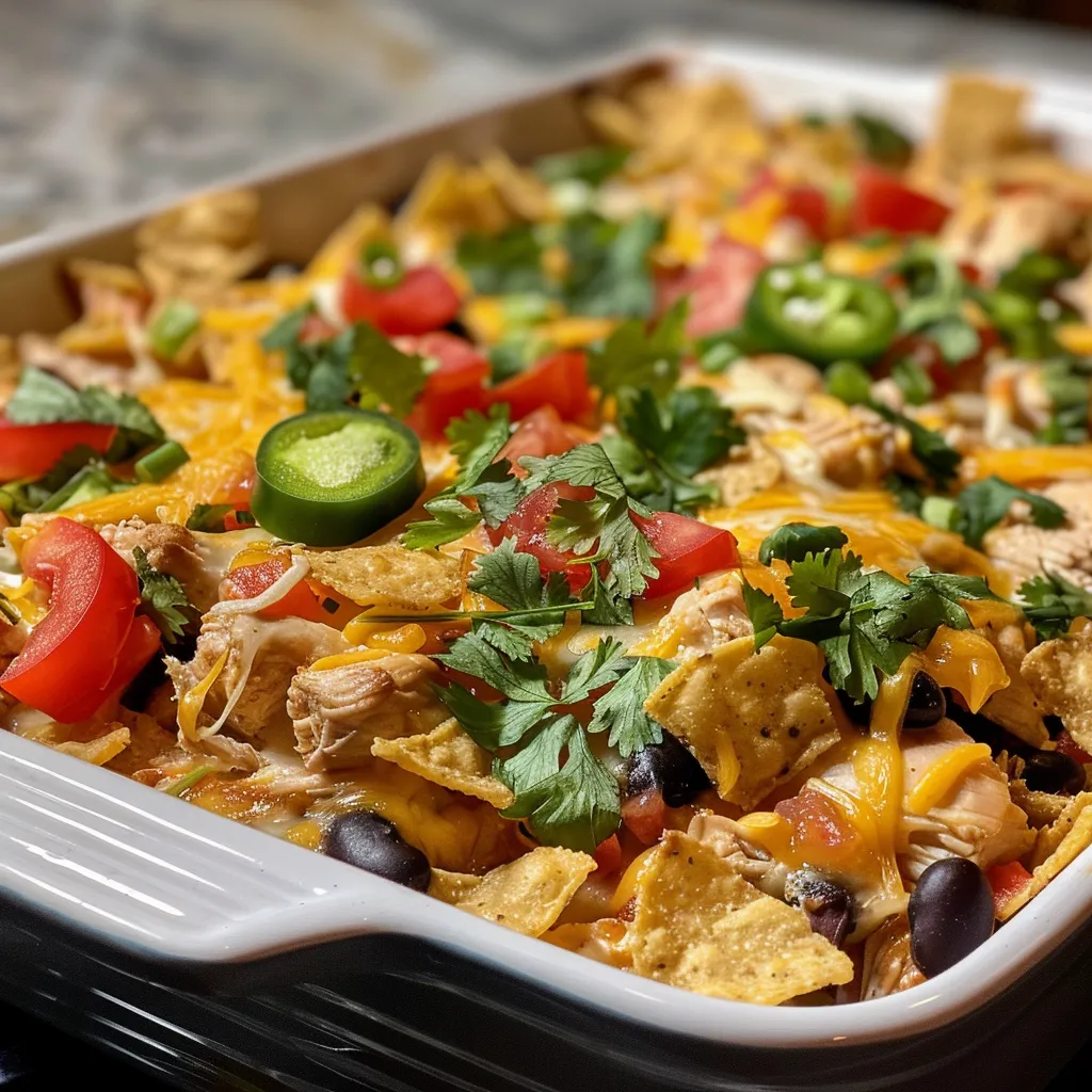 Side view of a delicious Nacho Chicken Casserole showcasing layers of chicken, cheese, and crushed tortilla chips.