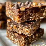 Close-up view of no bake chocolate oatmeal bars with a rich chocolate layer and visible oats.