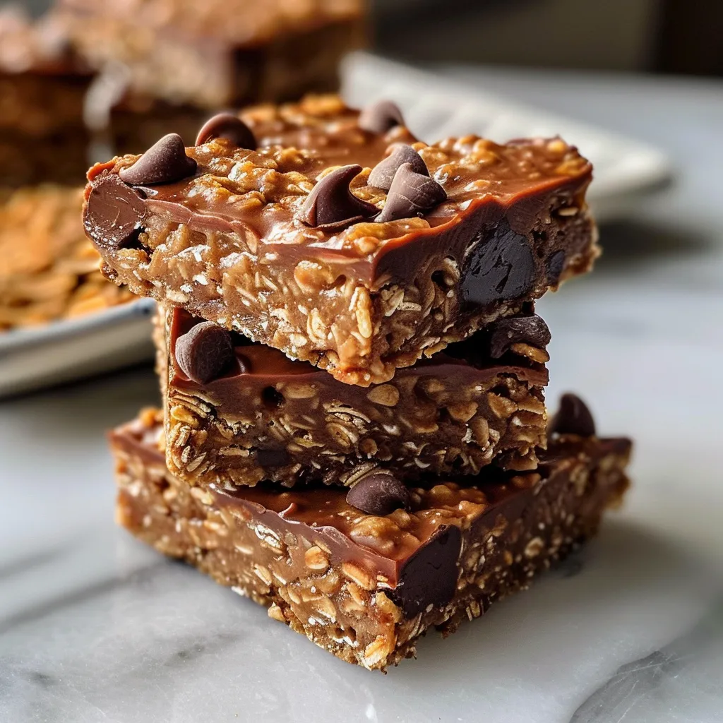 Side view of delicious no bake chocolate oatmeal bars showcasing a glossy chocolate topping and nutty texture.