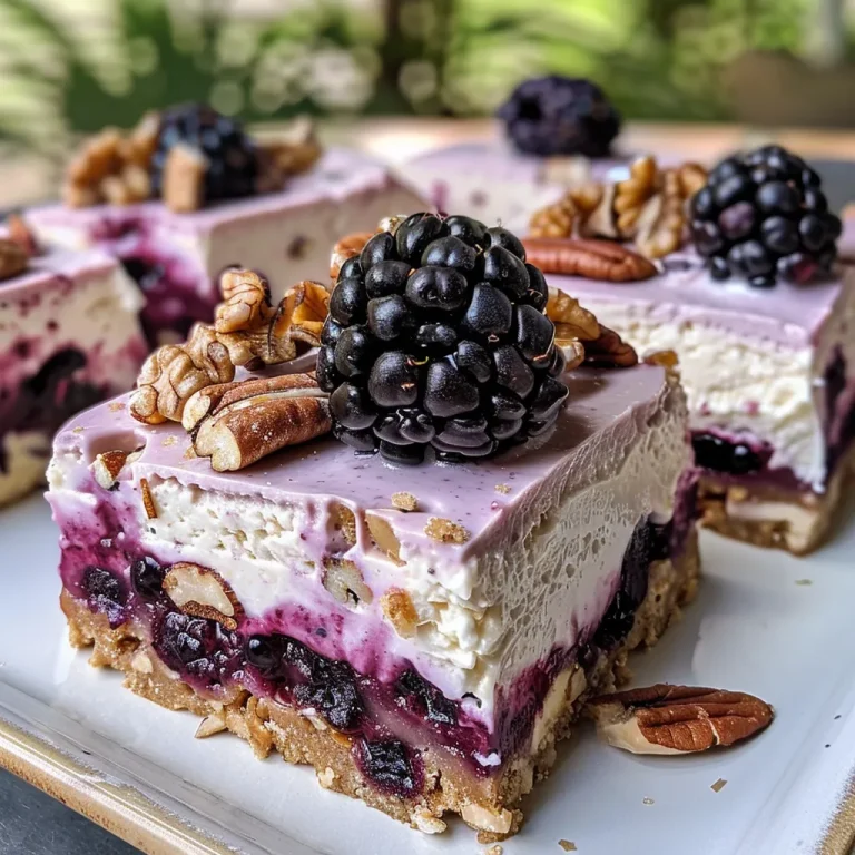 Close-up side view of No Bake Lemon Berry Vegan Cheesecake Bars topped with fresh blackberries.