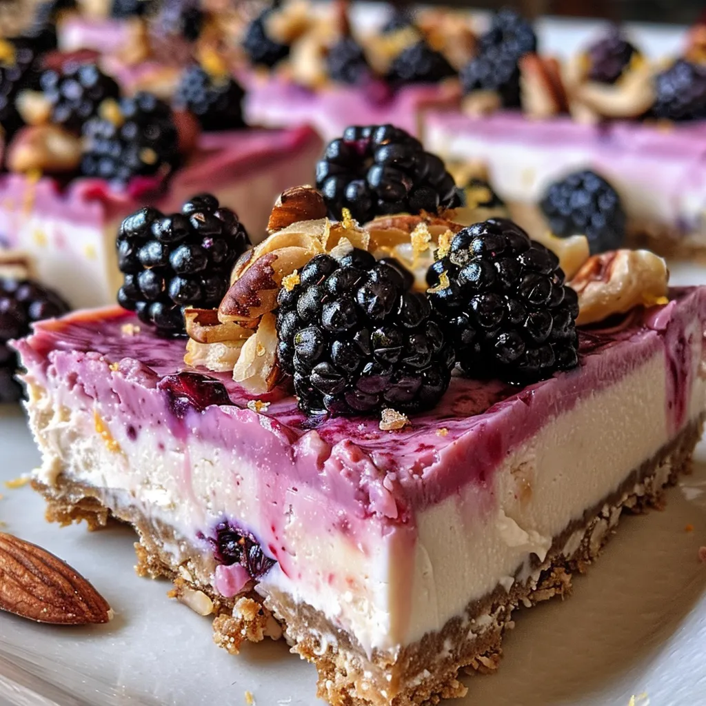 Juicy vegan cheesecake bars with a crust made from nuts, featuring a lemony filling and garnished with berries.