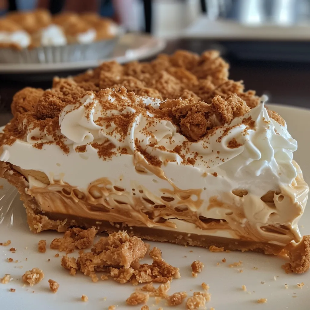 Side view of a rich No-Bake Lotus Biscoff Pie showcasing its layered filling.