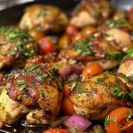 Close-up view of juicy balsamic chicken with cherry tomatoes.