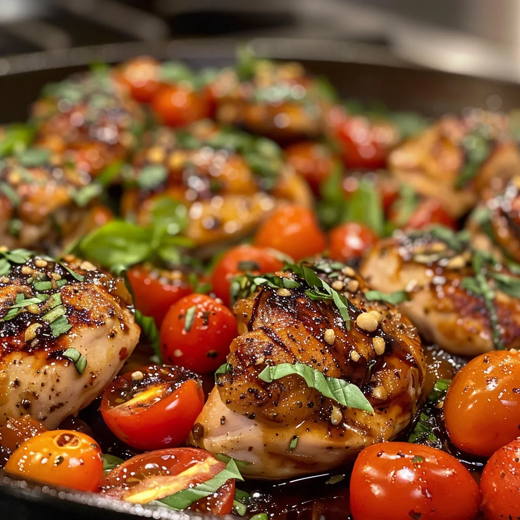 Side angle of One Pan Balsamic Chicken with a glossy glaze.