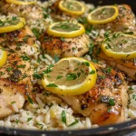 Juicy lemon herb chicken served over fluffy rice, garnished with fresh parsley.