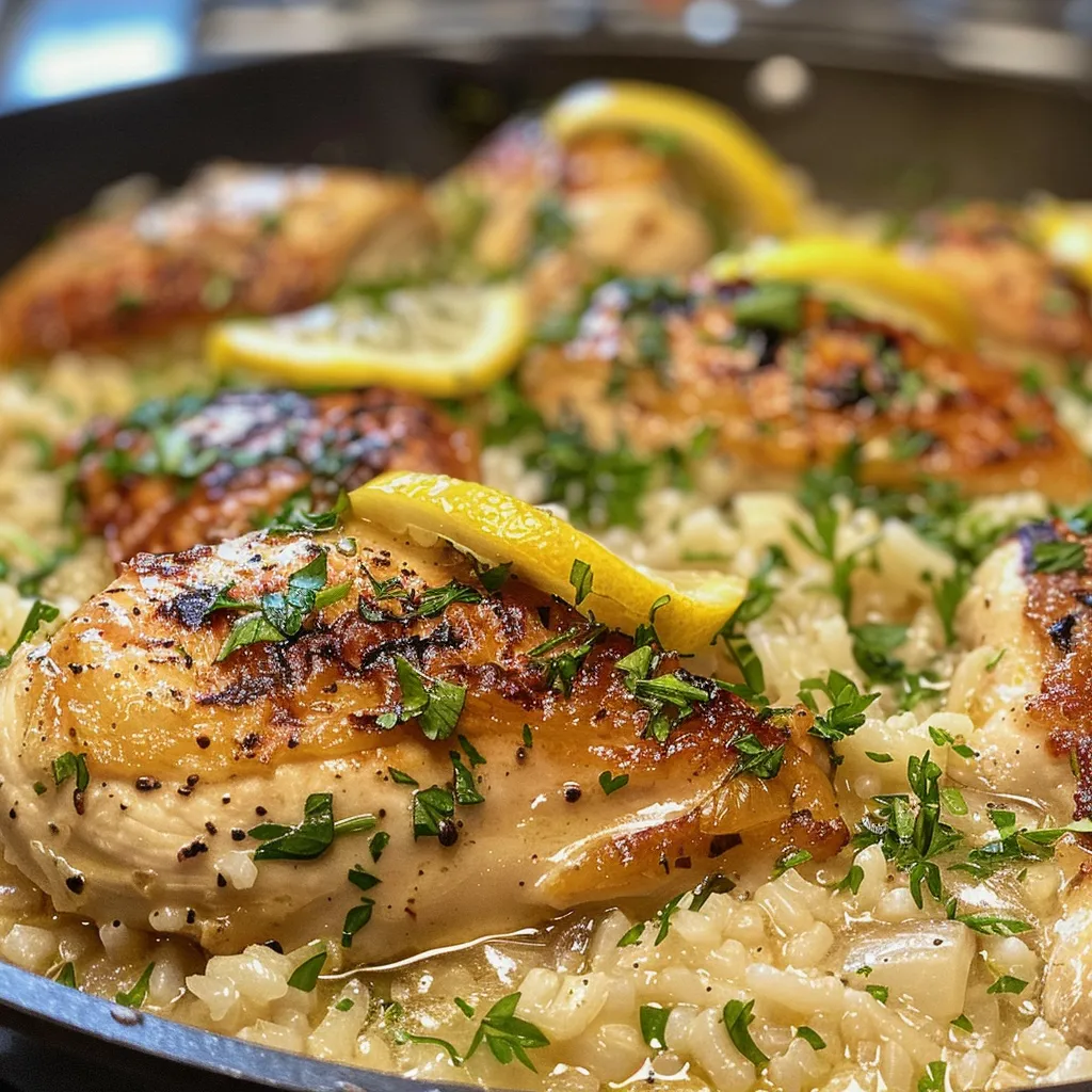 Close-up of one pan lemon herb chicken and rice, showing crispy chicken and bright herbs.