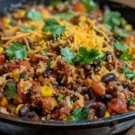 Close-up of a colorful One-Pan Tex-Mex Ground Beef Skillet with visible black beans and cheddar cheese.