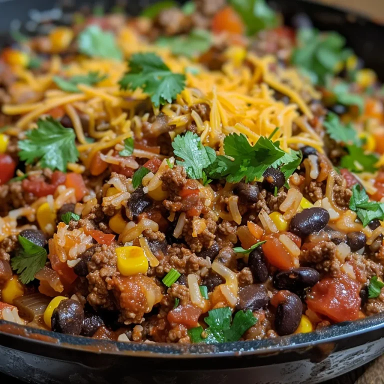 One-Pan Tex-Mex Ground Beef Skillet Flavorful Meals Made Easy Close-up of a colorful One-Pan Tex-Mex Ground Beef Skillet with visible black beans and cheddar cheese.
