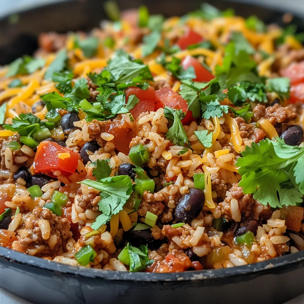 Side view of a hearty skillet filled with ground beef, rice, and topped with fresh cilantro.