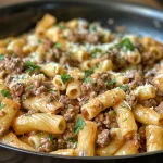 Close-up view of creamy beef pasta topped with parsley.