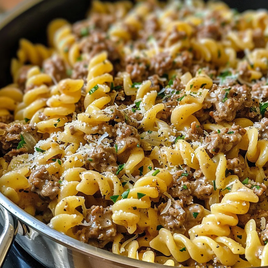 Side view of savory one-pot beef pasta with garlic and cheese.