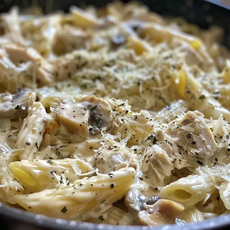Close-up of creamy garlic parmesan turkey pasta in a bowl, showcasing colorful ingredients.